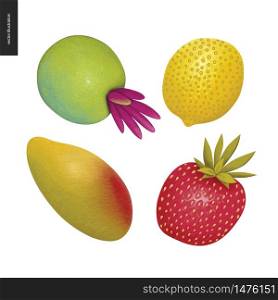 Fruit vector stickers. A set of four cartoon hand drawn fruits, mango, lemon, strawberry and a fantasy fruit.. Fruit vector stickers