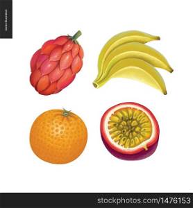 Fruit vector stickers. A set of four cartoon hand drawn fruits, orange, banana, passion fruit, and a fantasy red fruit. Fruit vector stickers