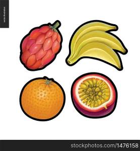 Fruit vector stickers. A set of four cartoon hand drawn fruits, orange, banana, passion fruit, and a fantasy red fruit. Fruit vector stickers