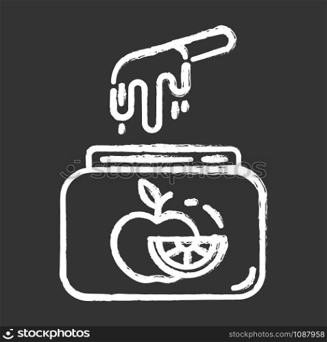Fruit waxing chalk icon. Natural, soft, cold wax in jar with spatula. Hair removal equipment. Tools for depilation. Professional beauty treatment cosmetics. Isolated vector chalkboard illustration