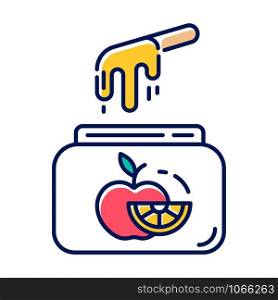 Fruit waxing color icon. Natural, soft, cold wax in jar with spatula. Body hair removal equipment. Tools for depilation. Professional beauty treatment cosmetics. Isolated vector illustration