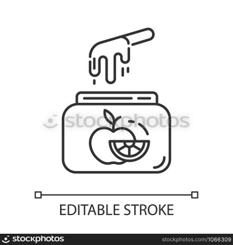 Fruit waxing linear icon. Natural, soft, cold wax in jar with spatula. Body hair removal equipment. Thin line illustration. Contour symbol. Vector isolated outline drawing. Editable stroke