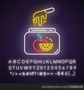 Fruit waxing neon light icon. Natural, soft, cold wax in jar with spatula. Hair removal equipment. Tools for depilation. Glowing sign with alphabet, numbers and symbols. Vector isolated illustration