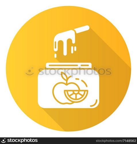 Fruit waxing yellow flat design long shadow glyph icon. Natural, soft, cold wax in jar with spatula. Body hair removal. Professional beauty treatment cosmetics. Vector silhouette illustration. Chocolate waxing blue flat design long shadow glyph icon. Natural cold wax in jar with spatula. Body hair removal equipment. Professional beauty treatment cosmetics. Vector silhouette illustration