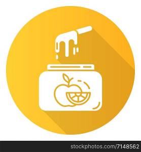 Fruit waxing yellow flat design long shadow glyph icon. Natural, soft, cold wax in jar with spatula. Body hair removal. Professional beauty treatment cosmetics. Vector silhouette illustration. Chocolate waxing blue flat design long shadow glyph icon. Natural cold wax in jar with spatula. Body hair removal equipment. Professional beauty treatment cosmetics. Vector silhouette illustration