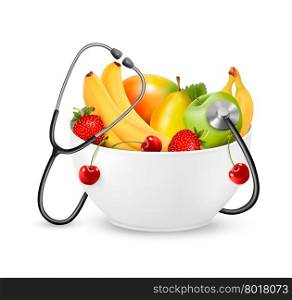 Fruit with a stethoscope. Healthy diet concept. Vector.