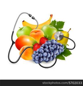 Fruit with a stethoscope. Healthy eating concept. Vector.