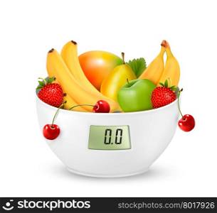 Fruit with in a digital weight scale. Diet concept. Vector.