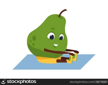 Fruit yoga. Cartoon funny pear doing sport exercises. Yoga or fitness workout. Cute smiling plant character training at home and gym. Isolated comic mascot of active lifestyle, vector illustration. Fruit yoga. Cartoon funny pear doing sport exercises. Yoga or fitness workout. Smiling plant character training at home and gym. Comic mascot of active lifestyle, vector illustration