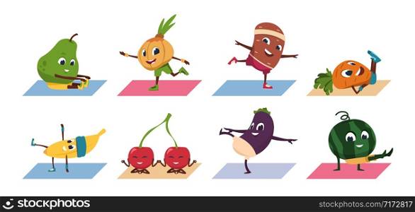 Fruit yoga. Cartoon vegetable funny characters doing yoga poses and sport exercises, healthy food and fitness workout. Vector set comic character fruit in athletic training. Fruit yoga. Cartoon vegetable funny characters doing yoga poses and sport exercises, healthy food and fitness workout. Vector set