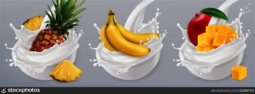 Fruit yogurt. Banana, mango, pineapple and milk splashes. 3d realistic vector icon set