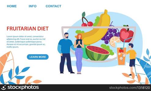 Fruitarian Diet for Adults and Kids Advertising Flat Landing Page Layout Design. Vector Cartoon Child Offering Apple to Parents. Huge Glass Bowl with Fresh Fruits Illustration. Place for Text. Fruitarian Diet for Adults and Kids Landing Page