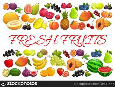 Fruits and berries, exotic tropical garden and farm market harvest, vector poster. Tropic pineapple, banana and papaya, strawberry, raspberry and blackcurrant, watermelon and grape, blueberry and pear. Exotic tropical and garden berries and fruits
