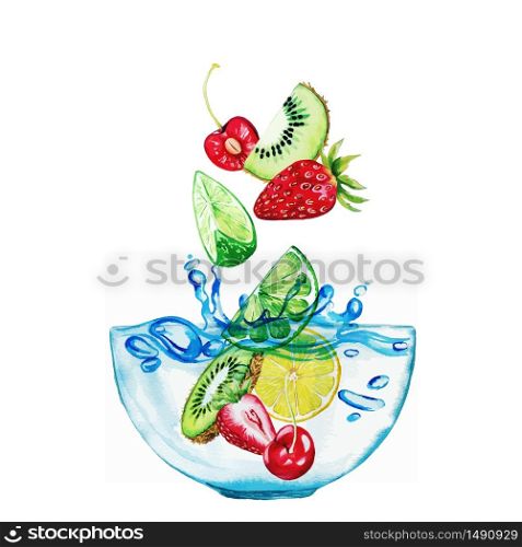 Fruits and berries falling into the glass bowl with water, hand drawn vector watercolor illustration