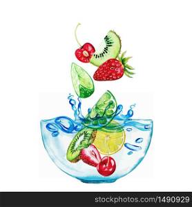 Fruits and berries falling into the glass bowl with water, hand drawn vector watercolor illustration