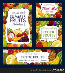 Fruits and berries, farm garden and tropical exotic harvest, vector posters and banners. Organic GMO free fruits papaya, banana and orange, blueberry, pineapple, peach and grapes, orange and plum. GMO free organic garden and tropic fruits harvest