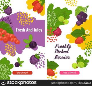 Fruits and berries freshly picked, nutrition and dieting, healthy balanced eating. Grapes and strawberry, blueberry or blackberry. Promo banner, advertisement or food presentation. Vector in flat. Freshly picked berries, superfodd fruits vector