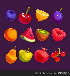 Fruits and berries game icons for casino, pc or mobile app puzzle ui elements. Plum, cherry, blueberry and orange with lemon, raspberry, kiwi, pear, apple, garnet and red currant, Cartoon vector set. Fruits and berries game icons for casino app or pc