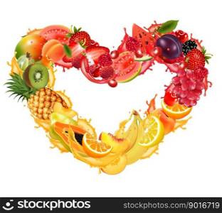 Fruits and berries in a splash of juice collected in the shape of a heart. Strawberry, raspberry, blueberry, blackberry, orange, guava, watermelon, pineapple, mango, peach, apple, kiwi, banana. Vector