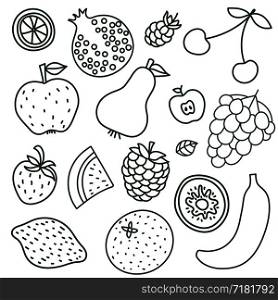 Fruits and berries. Lemon, kiwi, banana, pear, cherry, strawberry, raspberry, watermelon, grapes, apple, pomegranate, mandarin. Hand drawn doodle sketch. Vegetarian, vegan vector menu. Healthy food