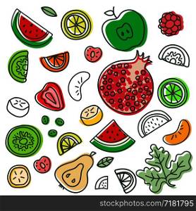 Fruits and berries. Lemon, kiwi, banana, pear, cherry, strawberry, raspberry, watermelon, grapes, apple, pomegranate, mandarin. Hand drawn doodle sketch. Vegetarian, vegan vector menu. Healthy food