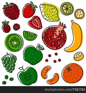 Fruits and berries. Lemon, kiwi, banana, strawberry, raspberry, grapes, apple, pomegranate, mandarin. Hand drawn doodle sketch. Vegetarian, vegan vector menu. Healthy food