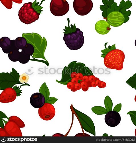 Fruits and berries raspberry and strawberry seamless pattern vector. Cherry berry with leaf, blackberry and blueberry, gooseberry and cranberry. Organic products and ingredients appetizing meal. Fruits and berries raspberry and strawberry seamless pattern vector.