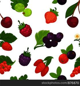 Fruits and berries raspberry and strawberry seamless pattern vector. Cherry berry with leaf, blackberry and blueberry, gooseberry and cranberry. Organic products and ingredients appetizing meal. Fruits and berries raspberry and strawberry pattern vector