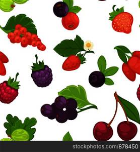 Fruits and berries raspberry and strawberry seamless pattern vector. Cherry berry with leaf, blackberry and blueberry, gooseberry and cranberry. Organic products and ingredients appetizing meal. Fruits and berries raspberry and strawberry seamless pattern vector.