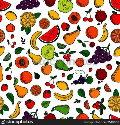 Fruits and berries seamless background. Wallpaper with vector pattern icons of apple, strawberry, orange, grape, lemon, banana, pomegranate, apricot, pear watermelon cherries cranberries. Fruits and berries seamless background