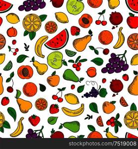 Fruits and berries seamless background. Wallpaper with vector pattern icons of apple, strawberry, orange, grape, lemon, banana, pomegranate, apricot, pear watermelon cherries cranberries. Fruits and berries seamless background