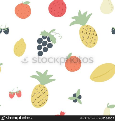 Fruits and berries simple seamless pattern. Exotic tropical background. Print summer fruit vector illustration. Template with organic food. Fruits and berries simple seamless pattern