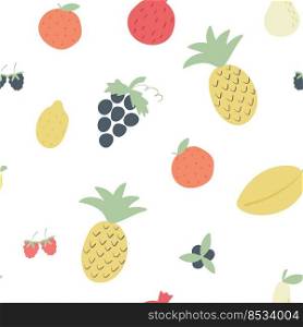 Fruits and berries simple seamless pattern. Exotic tropical background. Print summer fruit vector illustration. Template with organic food. Fruits and berries simple seamless pattern