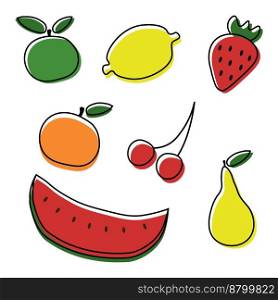 Fruits and berries, vector set. Black outline and colored spot. Apple and pear, cherry and strawberry, lemon and orange, watermelon.
