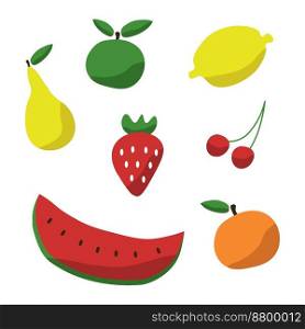 Fruits and berries, vector set. Drawn fruits with shadows. Apple and pear, cherry and strawberry, lemon and orange, watermelon.