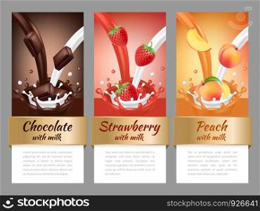 Fruits and chocolate splashes. Vector template of advertising banners or labels. Milk chocolate and fruit label sticker illustration. Fruits and chocolate splashes. Vector template of advertising banners or labels
