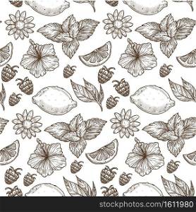 Fruits and flowers seamless pattern. Organic natural ingredients, raspberry and whole lemon. Blooming floral print, leaves of mint and herbs for food. Monochrome sketch outline, vector in flat style. Lemon and raspberries, flowers and leaves seamless pattern
