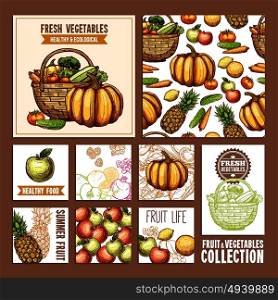 Fruits And Vegetables Cards. Fruits And vegetables cards for useful and healthy nutrition in retro style vector illustration