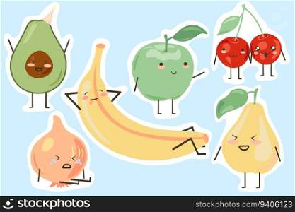 Fruits and vegetables. Cartoon characters emotion expressions and actions. Happy avocado in birthday hat. Cherry romantic couple. Banana workout. Crying onion. Laughing pear. Vector food mascots set. Fruits and vegetables. Cartoon characters emotion expressions and actions. Avocado in birthday hat. Cherry couple. Banana workout. Crying onion. Laughing pear. Vector food mascots set