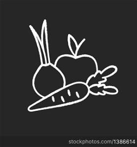Fruits and vegetables chalk white icon on black background. Fresh organic food. Health vegetarian recipe ingredients. Natural carrot. Nutritious onion. Isolated vector chalkboard illustration. Fruits and vegetables chalk white icon on black background