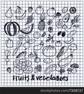 Fruits and vegetables collection of hand drawn elements written by ink pen on checkered sheet of paper from copybook vector illustration isolated food. Fruits and Vegetables Set of Hand Drawn Elements