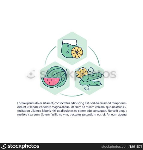 Fruits and vegetables containing water concept line icons with text. PPT page vector template with copy space. Brochure, magazine, newsletter design element. Rehydration linear illustrations on white. Fruits and vegetables containing water concept line icons with text