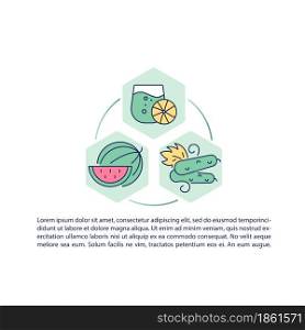 Fruits and vegetables containing water concept line icons with text. PPT page vector template with copy space. Brochure, magazine, newsletter design element. Rehydration linear illustrations on white. Fruits and vegetables containing water concept line icons with text
