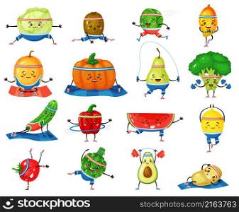 Fruits and vegetables exercising, avocado broccoli anf watermelon. Vector healthy exercise, vegetable character smile illustration. Fruits and vegetables exercising, avocado broccoli anf watermelon