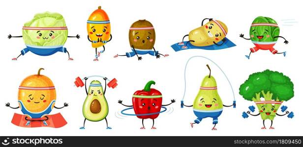 Fruits and vegetables exercising. Melon, kiwi in yoga poses, broccoli with dumbbells. Strong healthy fruit and vegetable characters vector set. Active lifestyle and wellness, vitamin eating. Fruits and vegetables exercising. Melon, kiwi in yoga poses, broccoli with dumbbells. Strong healthy fruit and vegetable characters vector set