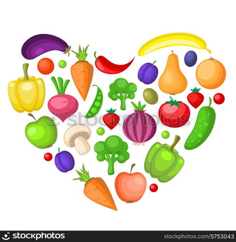 Fruits and vegetables heart, vegetarian concept.