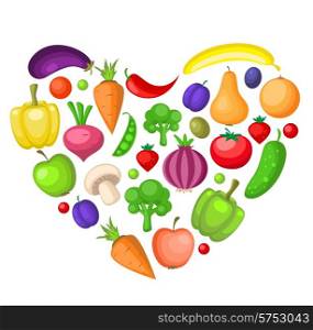Fruits and vegetables heart, vegetarian concept.