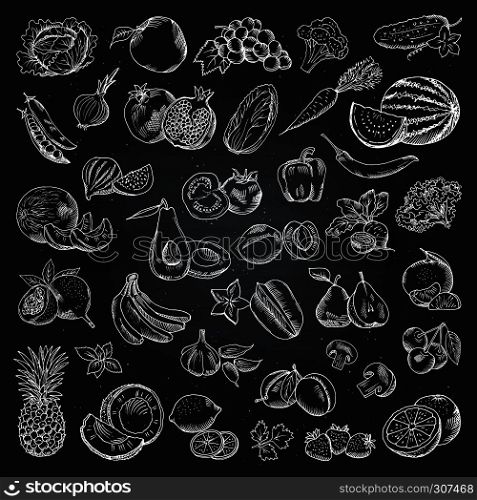 Fruits and vegetables illustrations. Health food doodle pictures on the black background. Vector set of vegetable and fruit health food. Fruits and vegetables illustrations. Health food doodle pictures on the black background. Vector set