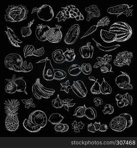 Fruits and vegetables illustrations. Health food doodle pictures on the black background. Vector set of vegetable and fruit health food. Fruits and vegetables illustrations. Health food doodle pictures on the black background. Vector set
