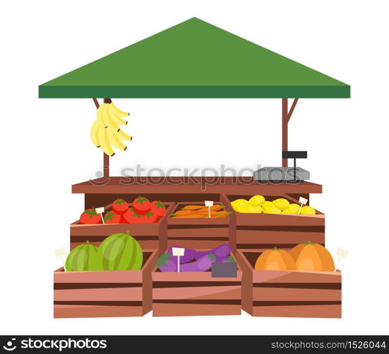 Fruits and vegetables market stall flat illustration. Farm products, eco and organic food trade tent, counter with wooden crates. Fair, summer market stand. Local grocery outdoor street shop, kiosk